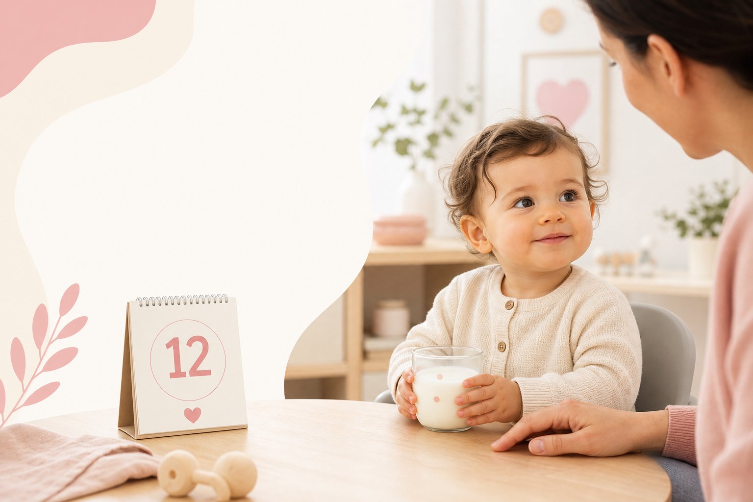 Bébé d’environ 12 mois tenant un verre de lait entier à table, avec un calendrier marqué 12 mois
